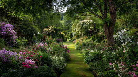 Lush green garden path leading through vibrant flowers and serene trees.の素材