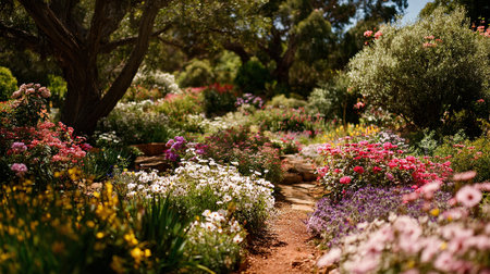 Serene garden path brimming with wildflowers under the shade of mature treesの素材