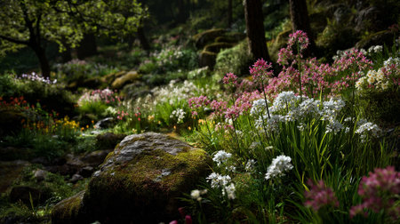 Enchanted Forest Meadow: Vibrant Blossoms and Mossy Stones in Shifting Sunlightの素材
