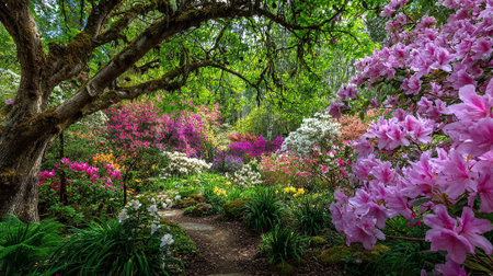 Lush Garden Pathway Showcasing Vibrant Azaleas and Moss-Covered Trees in Springtimeの素材