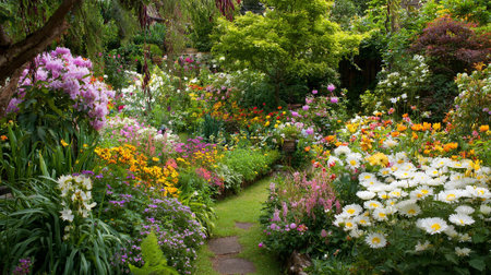 Lush Flower Garden Displaying a Vivid Array of Colors and Texturesの素材