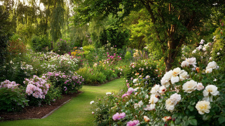 Lush flower garden path with roses and abundant greenery on a summer dayの素材
