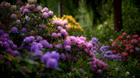 A Colorful Array of Rhododendrons Blooming Wildly in a Lush Spring Gardenの素材