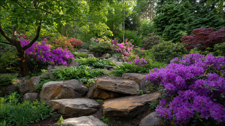 Lush Garden Landscape with Purple Rhododendrons and Rock Steps on a Sunny Dayの素材
