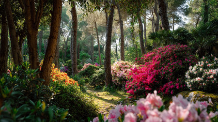 Lush rhododendron garden pathway through a forest of trees, bathed in sunlightの素材