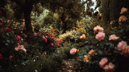 Enchanting rose garden pathway with vibrant colors and mystical romantic atmosphereの素材