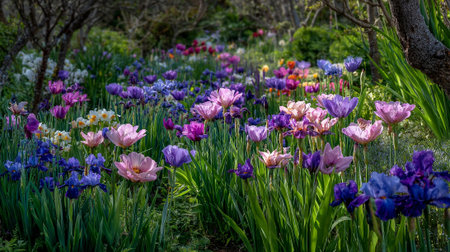 Captivating garden scene featuring a variety of tulips and irises blooming beautifullyの素材