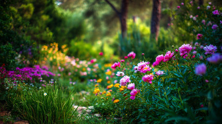 A vibrant garden landscape with pink peonies and colorful foliageの素材