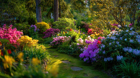 Vibrant Azalea Garden Path, Lush Greenery, and Forest Tranquility in Springtimeの素材
