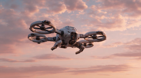 A futuristic silver drone hovers against a backdrop of pastel-colored sky at sunset. The drone features a complex design with visible camera and four circular propellers for easy maneuvering.の素材
