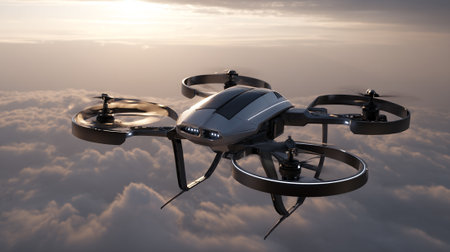 A futuristic drone soars above the clouds, showcasing its sleek design and advanced technology. The drone's propellers and sensors capture a sense of precision, innovation and technological advancement during aerial surveillance.の素材