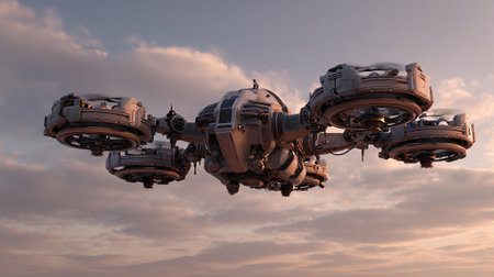 An advanced, futuristic aircraft is captured against a backdrop of a sky with scattered clouds. It features rotating engines. The warm color of the sky contrasts the metallic aircraft design.の素材