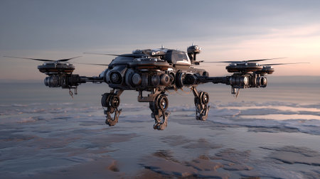 A high-tech drone with a complex mechanical design is positioned over a body of water, reflecting the sky. The image has a futuristic, possibly industrial aesthetic.の素材