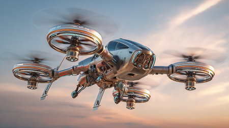This eye-level shot showcases a sophisticated drone with multiple rotors against a sunset sky. The drone features intricate design, gleaming metallic components, and a futuristic aesthetic ideal for innovative concepts.の素材