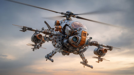A creatively designed steampunk-style helicopter craft flies against a dusky sky. The highly detailed design incorporates orange accents and complex mechanical parts, suggesting advanced futuristic technology.の素材