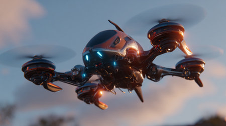A futuristic drone hovers against a backdrop of a soft evening sky. The drone, featuring a sleek, modern design, is equipped with rotors and navigation lights.の素材