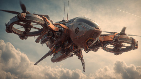 This image showcases a futuristic craft, possibly a transport or drone, with detailed mechanical features and rotors against a backdrop of clouds. The vehicle boasts a gray and orange color palette.の素材