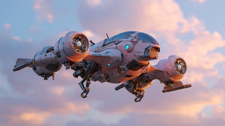 A futuristic spaceship with intricate robotic landing gear floats against a sunset sky filled with pink-tinged clouds. The vehicle features turbine engines and a sleek, aerodynamic design.の素材