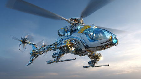 A meticulously designed futuristic helicopter with visible inner mechanisms soars gracefully against a bright, soft cloudy sky, showcasing a marvel of engineering and imaginative design in flight.の素材