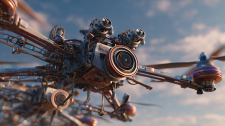 This image showcases a detailed and intricate mechanical drone, its design blending futuristic and vintage elements. The drone is set against a soft, cloudy sky, creating a striking and somewhat surreal composition.の素材
