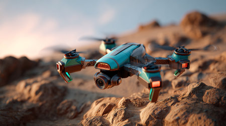 A teal and dark grey drone with a camera is hovering in a sandy landscape. The landscape has multiple rocks. The sky has a beautiful sunset color.の素材