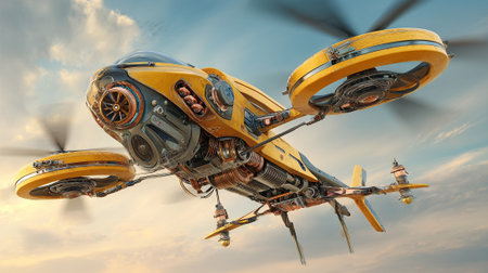 This artwork features a detailed steampunk-style aircraft with a yellow and metallic exterior hovering in a serene sky. The vehicle displays a unique combination of retro and futuristic designs.の素材