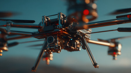 An advanced drone, with a detailed camera and structure, poised against a blue sky. Its metallic components reflect the ambient light, showcasing its technology and capabilities in flight.の素材