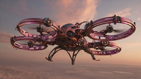 A futuristic drone with an interesting abstract design is captured in flight against a picturesque sunset sky, showcasing a creative and innovative approach to aerial technology.の素材