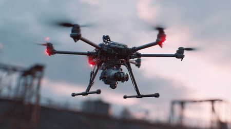 A sleek, black drone with rotating propellers is pictured hovering against a textured, dynamic sky. The evening light casts a soft glow creating a contrast with the drone's modern design.の素材