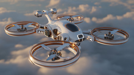 A stunning 3D rendered image features a modern, white drone with copper accents, flying amidst soft, diffused clouds in a serene sky. The drone showcases advanced engineering and futuristic aesthetics.の素材