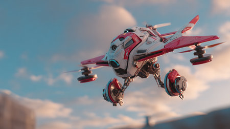 A futuristic drone with a sleek white and red design gracefully hovers against a backdrop of a beautiful sky. The drone's intricate details and advanced technology make it captivating.の素材