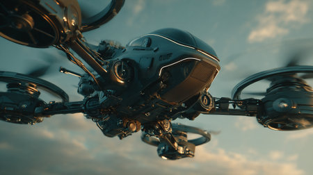 This image showcases a high-tech drone in flight, boasting a sophisticated design with intricate details and advanced engineering. Against a backdrop of a bright sky, the drone is an embodiment of innovation.の素材