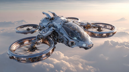 A sleek, silver futuristic flying vehicle is seen soaring over a sea of clouds during daylight. The vehicle features rotating turbines, an enclosed cockpit, and a highly detailed metallic design.の素材