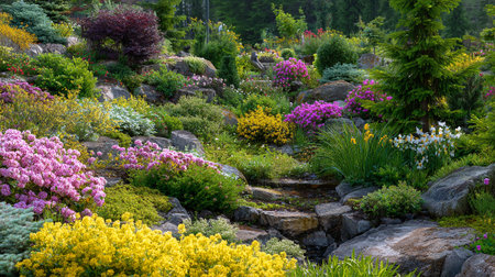Exquisite rock garden filled with colorful blooming flowers and lush greenery.の素材