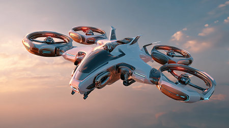 An illustration showcases a futuristic flying craft with an advanced design hovering against a soft sunset-colored sky. The vehicle has four circular rotors and streamlined white and silver chassis.の素材