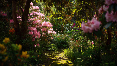 Serene garden path illuminated by dappled sunlight, featuring pink rhododendrons and lush greenery.の素材