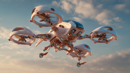 An advanced white drone with copper accents gracefully hovers against a pastel sky with soft clouds. The technology features five rotors and intricate mechanical components, ready for flight.の素材
