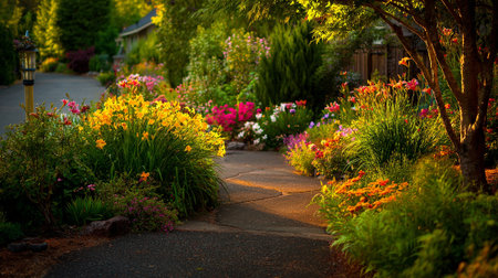 Path Through a Lush Flower Garden at Golden Hour with Sunlightの素材