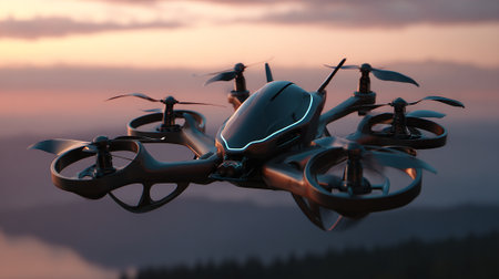 An advanced unmanned aerial vehicle hovers gracefully during twilight, showcasing its sleek design, multiple rotors, integrated camera system, and luminous blue accents against a blurred natural landscape backdrop.の素材