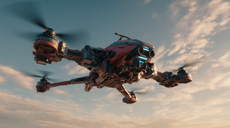 This image portrays a detailed, high-tech red drone in flight, showcasing its intricate design and futuristic aesthetic. The drone is set against a picturesque sky backdrop featuring soft sunset colors, creating visual appeal.の素材