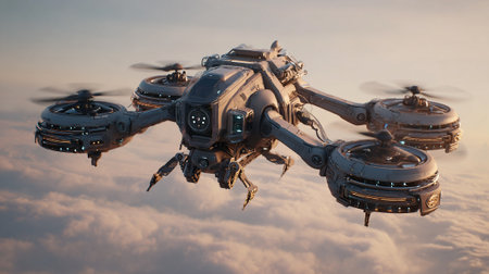 This image showcases a futuristic quadcopter drone suspended above a sea of clouds, rendered in soft lighting at sunset. The advanced technology and aerodynamic design hint at future advancements in aviation.の素材