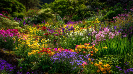 Vibrant garden landscape featuring a kaleidoscope of colorful flowers blooming in abundance.の素材
