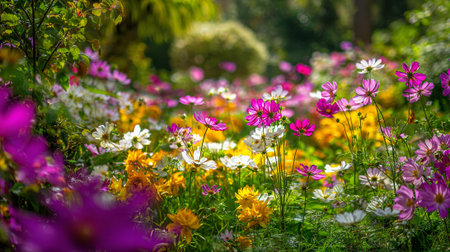 Vibrant Summer Cosmos Flowers in a Lush Meadow Garden Sceneの素材