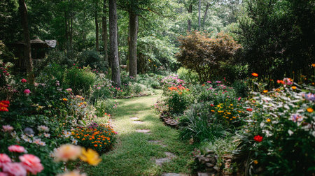 Enchanting garden path lined with colorful flowers and lush green foliage.の素材
