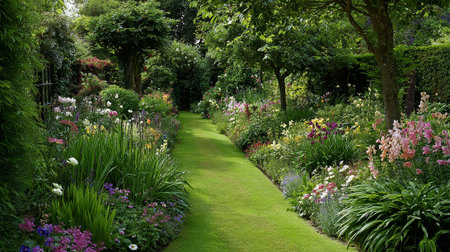 Tranquil garden path lined with vibrant flowers and lush greenery in summer.の素材