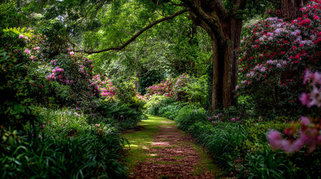 Serene Walkway Through a Lush Garden with Blooming Rhododendrons and Tall Treesの素材