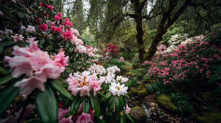 Lush Rhododendron Garden in Full Bloom, a Nature's Paradise Landscape Sceneの素材