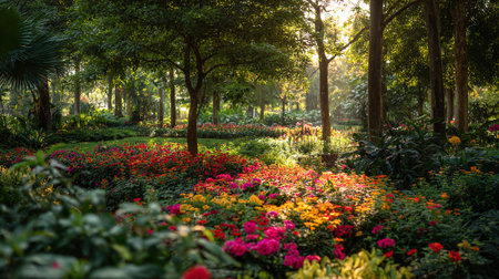 Vibrant Flowerbed in Lush Green Garden Bathed in Warm Morning Lightの素材