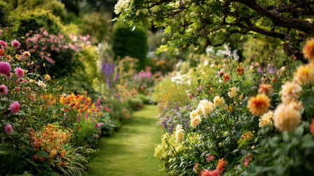 Enchanting Secret Garden Pathway Bursting with Colorful Flowers and Lush Greeneryの素材