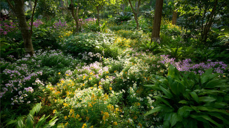 Serene Floral Meadow: A Verdant Garden Scene with Flowers and Plantsの素材